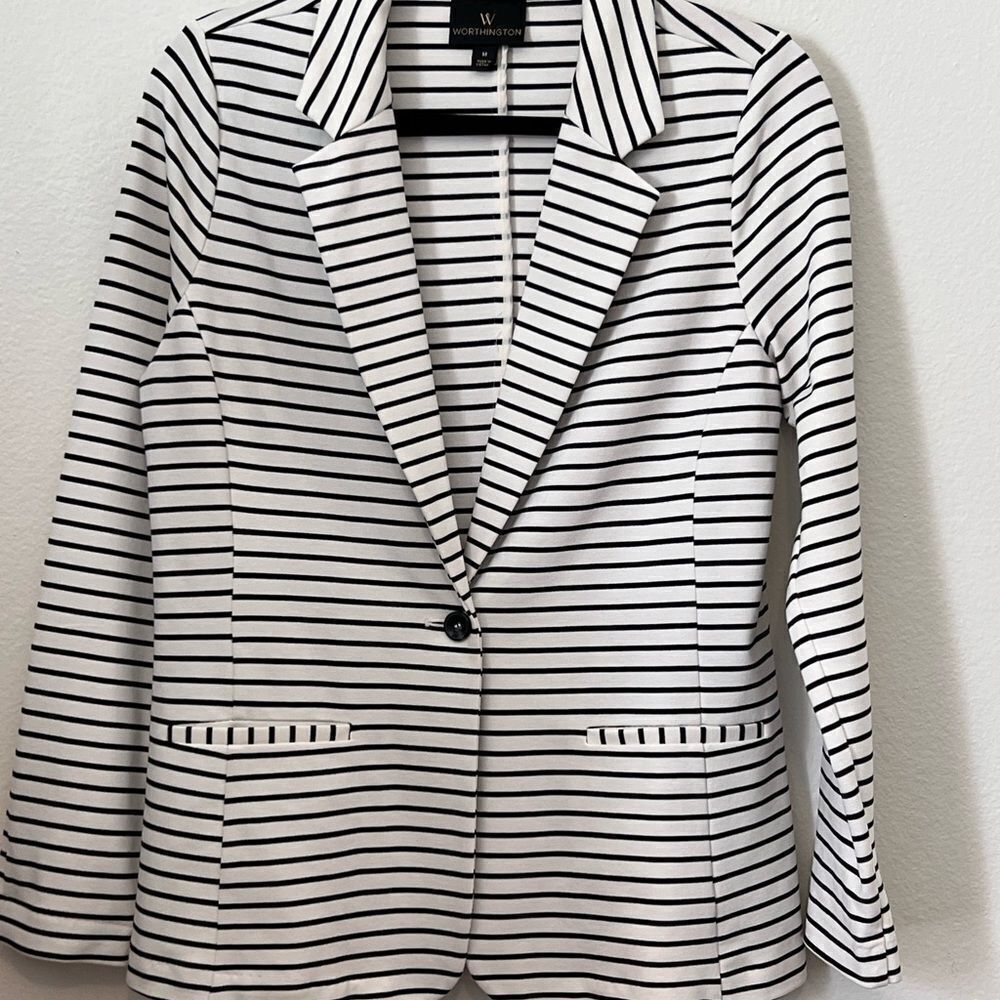 Worthington Blazer Striped Stretch Jersey Knit Sz Medium White Black Vent Career